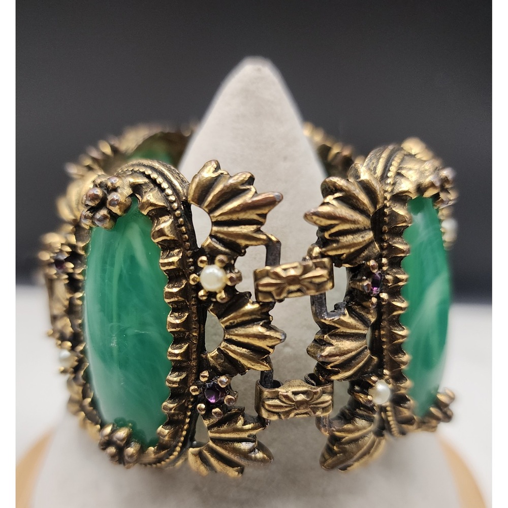 Vintage Gold Tone Ornate Green Faux Malachite Pearl Rhinestone Panel Bracelet